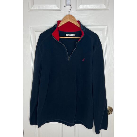 Nautica Slim Fit Men's 1/4 Zip Navy Blue and Red Nautex Pullover Fleece Size XL - Picture 2 of 7